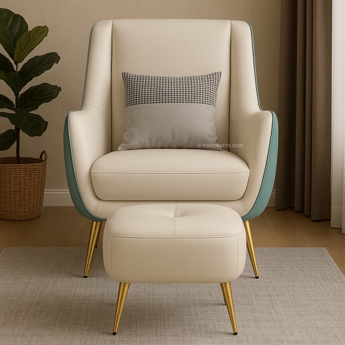 Beige armchair with ottoman and decorative pillows in a room setting.